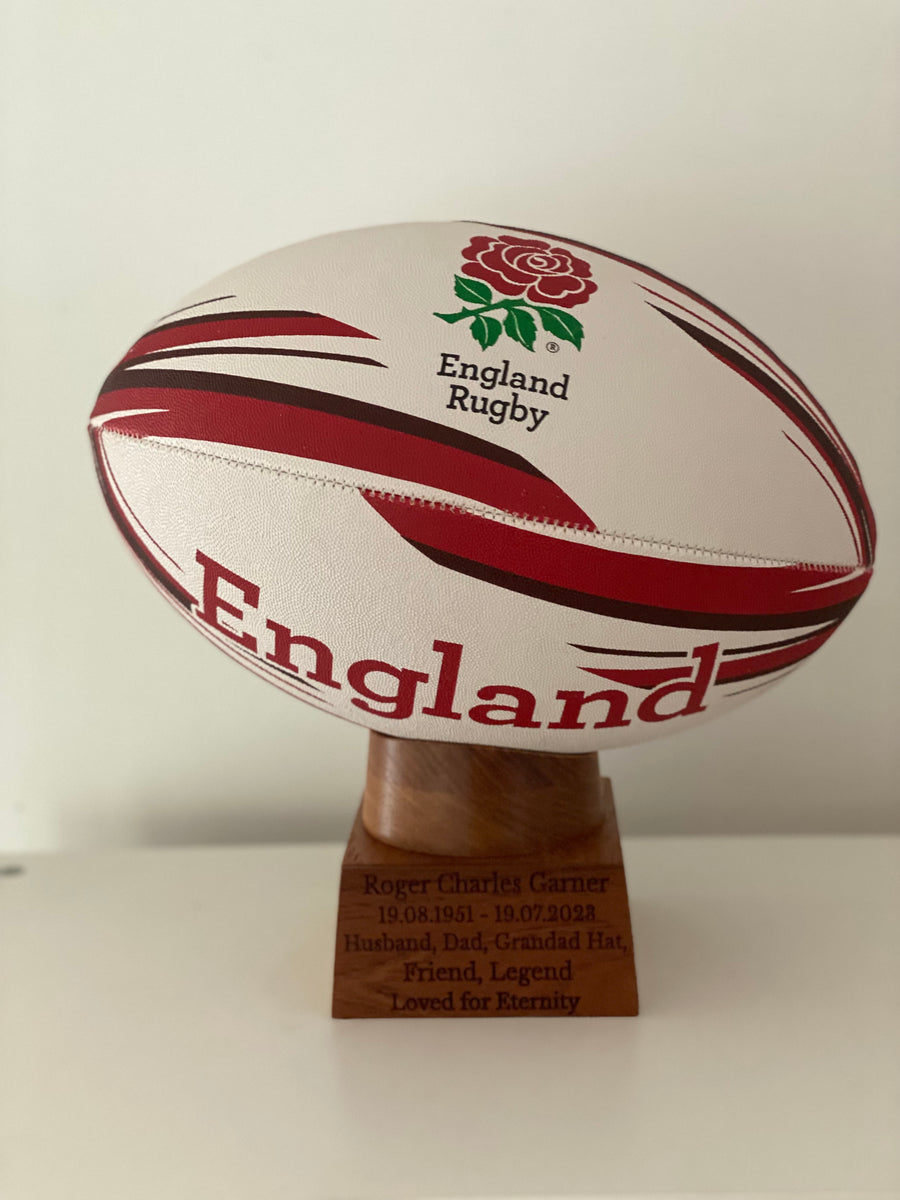 England Rugby Football Urn for Ashes with personalised timber display stand